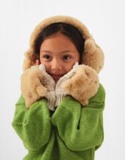 Girls Fluffy Cat Earmuffs & Gloves Set, Camel (BEIGE), large