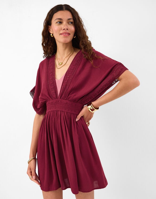 Crochet Trim Mini Kaftan, Red (BURGUNDY), large