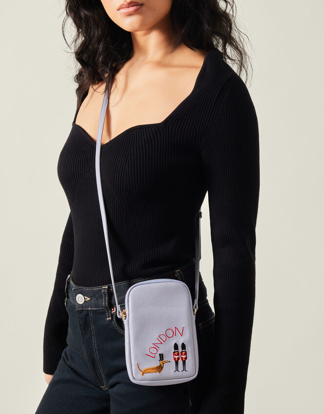 Embroidered London Sausage Dog Phone Bag, , large