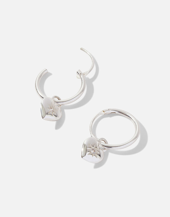 Sterling Silver Heart Charm Hoops, , large