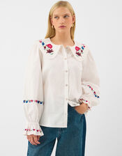 Floral Embroidered Collar Blouse, Cream (CREAM), large