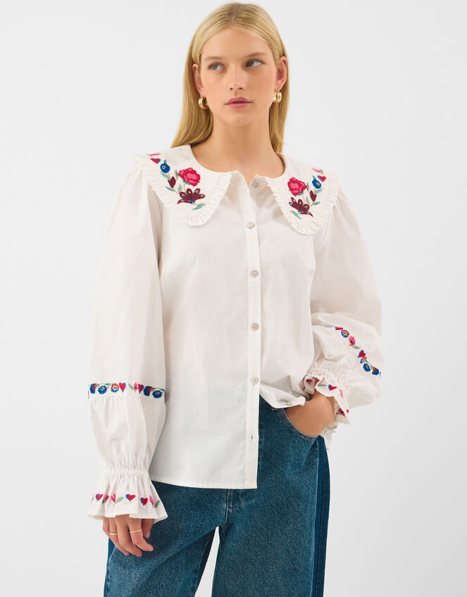 Floral Embroidered Collar Blouse, Cream (CREAM), large