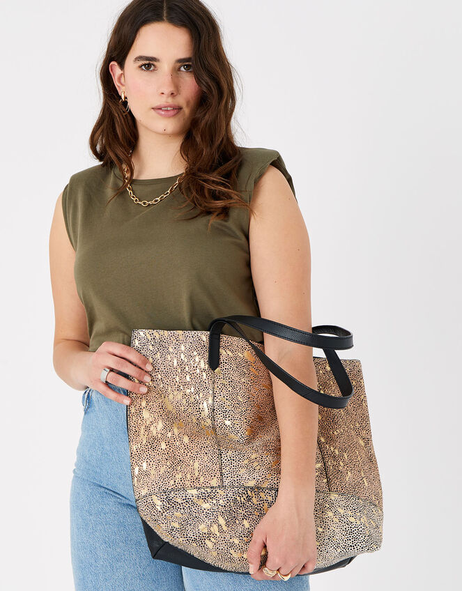 Animal Foil Print Leather Shopper Bag, , large