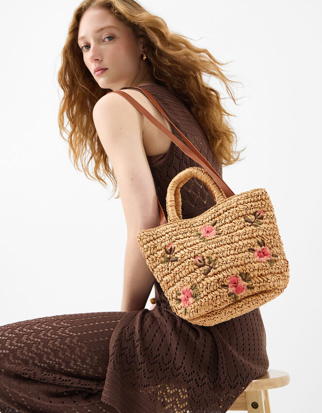 Floral Embroidered Raffia Bag, , large