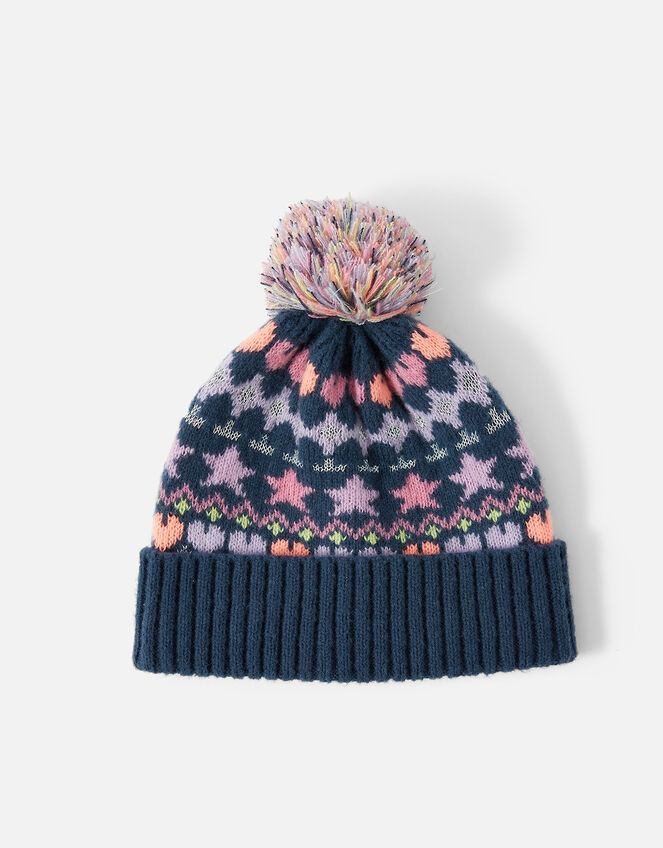 Girls Star Fair Isle Beanie, Blue (NAVY), large