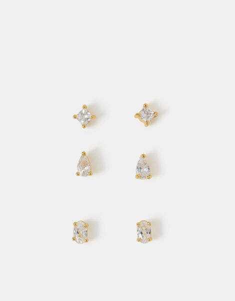 3-Pack 14ct Gold-Plated Stone Stud Earrings, , large