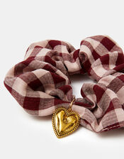 Heart Charm Check Print Hair Scrunchie, , large