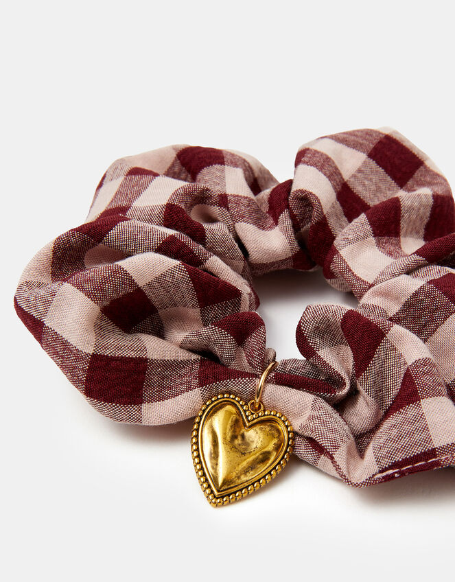 Heart Charm Check Print Hair Scrunchie, , large
