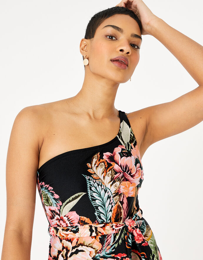 Patterned One-Shoulder Padded Regular Swimsuit with Accessories