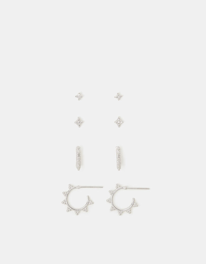 4-Pack Sterling Silver-Plated Filigree Stud & Hoop Earrings, , large