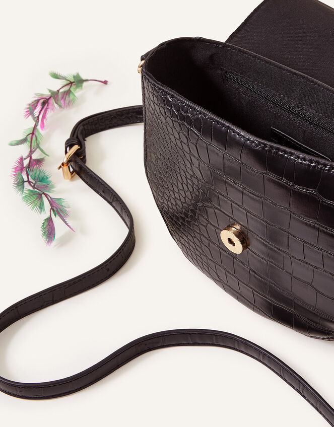 Faux Croc Ring Detail Saddle Bag, Black (BLACK), large