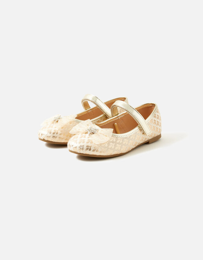 Girls Jacquard Bow Ballerina Flats, Gold (GOLD), large