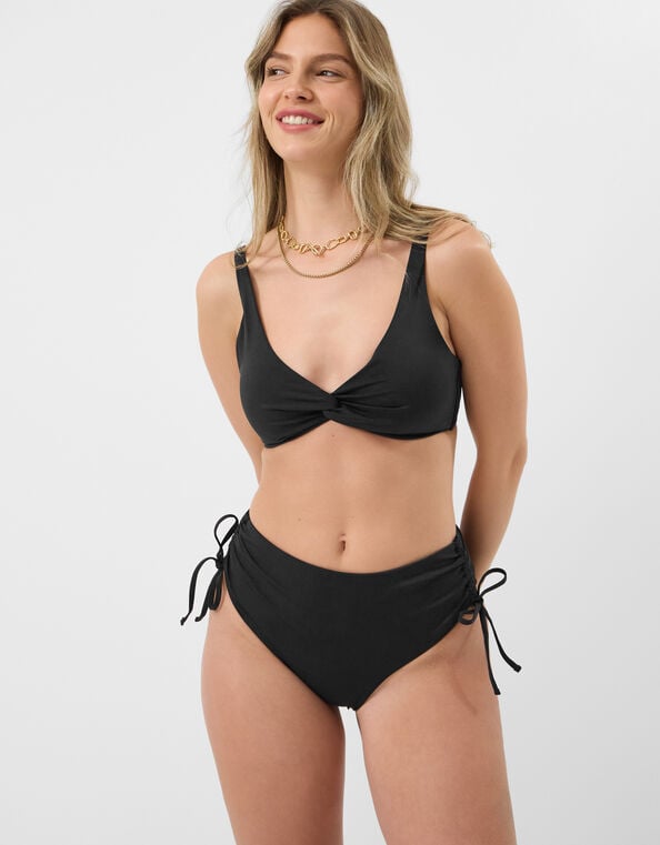 Tie High Waist Shaping Bikini Bottoms, Black (BLACK), large