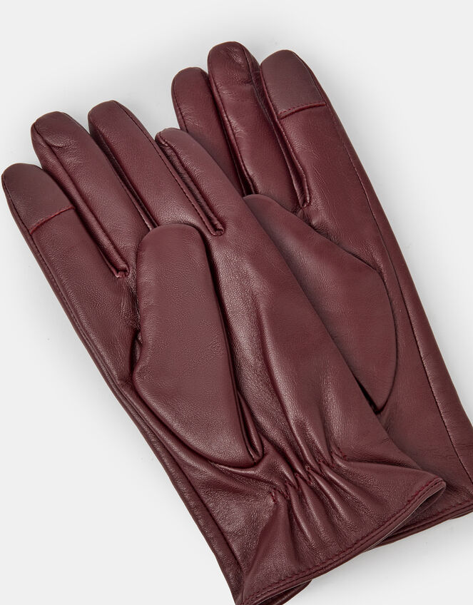 Fleece Lined Touchscreen Leather Gloves, Red (BURGUNDY), large