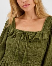 Check Puff Sleeve Smocked Midi Dress, Green (KHAKI), large