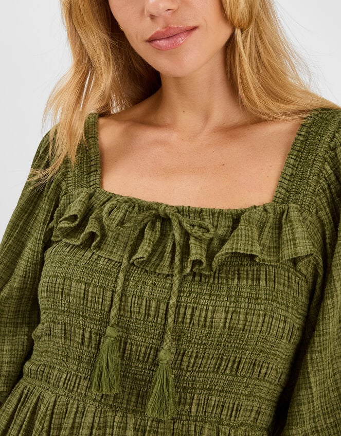 Check Puff Sleeve Smocked Midi Dress, Green (KHAKI), large