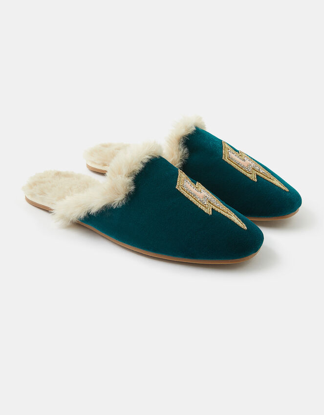 Embellished Lightning Bolt Mule Slippers, Teal (TEAL), large