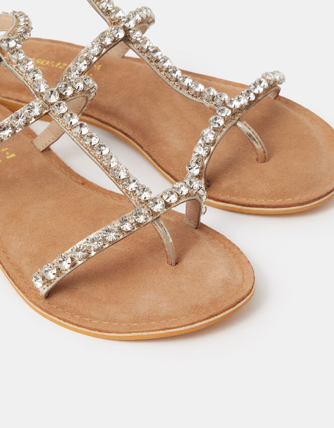 Embellished Leather Gladiator Sandals, Silver (SILVER), large