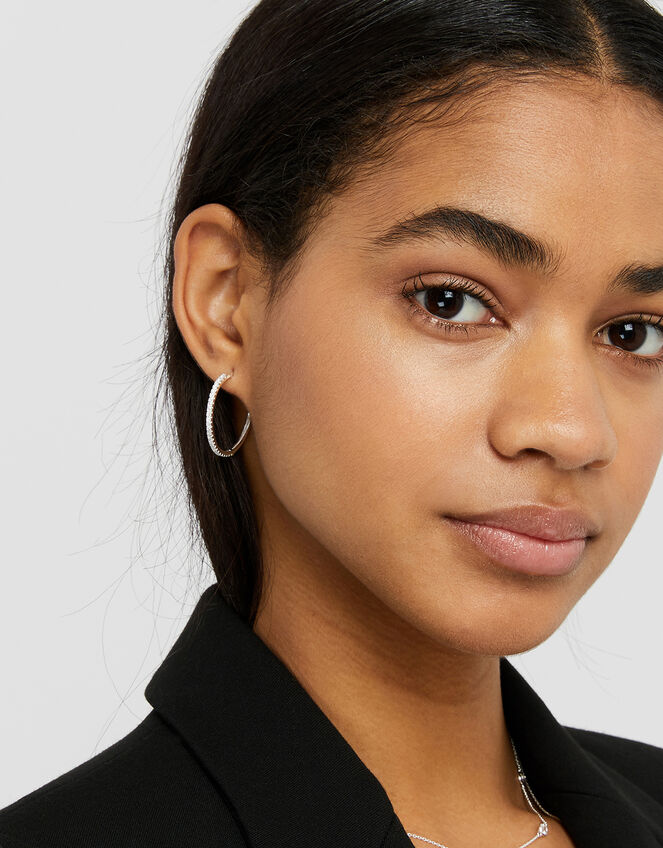 Sterling Silver Sparkle Hoop Earrings, , large