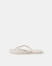 Bead Embellished Flip Flops, White (WHITE), large