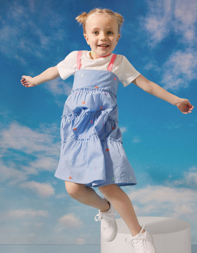 Kids Floral Embroidered Chambray Dress, Blue (BLUE), large