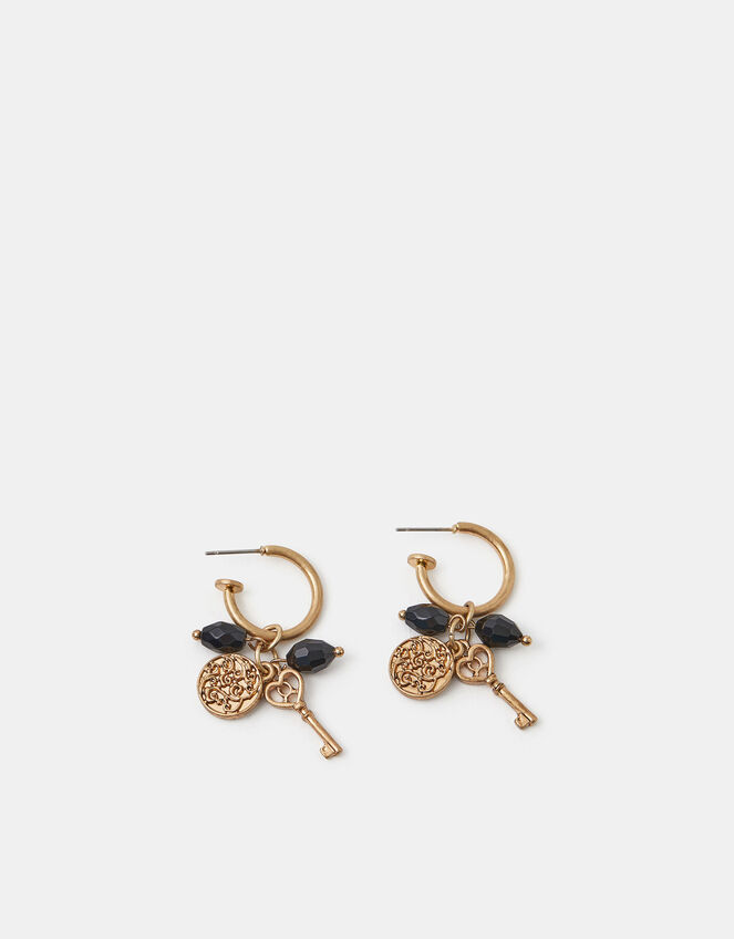 Beaded Key Charm Hoop Earrings, , large