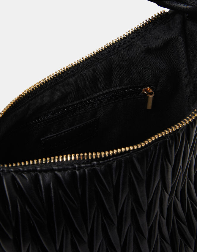 Ruched Faux Leather Handbag, Black (BLACK), large