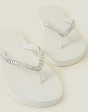 Crystal Embellished Flip Flops, Cream (CREAM), large