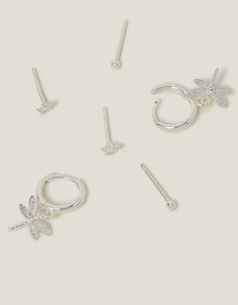 3-Pack Sterling Silver-Plated Dragonfly Stud and Hoop Earrings, , large