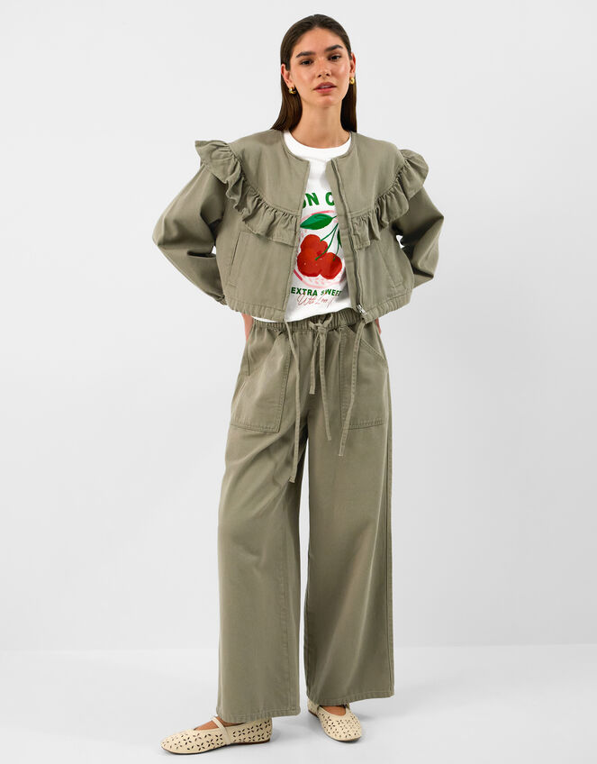 Ruffle Denim Jacket, Green (KHAKI), large