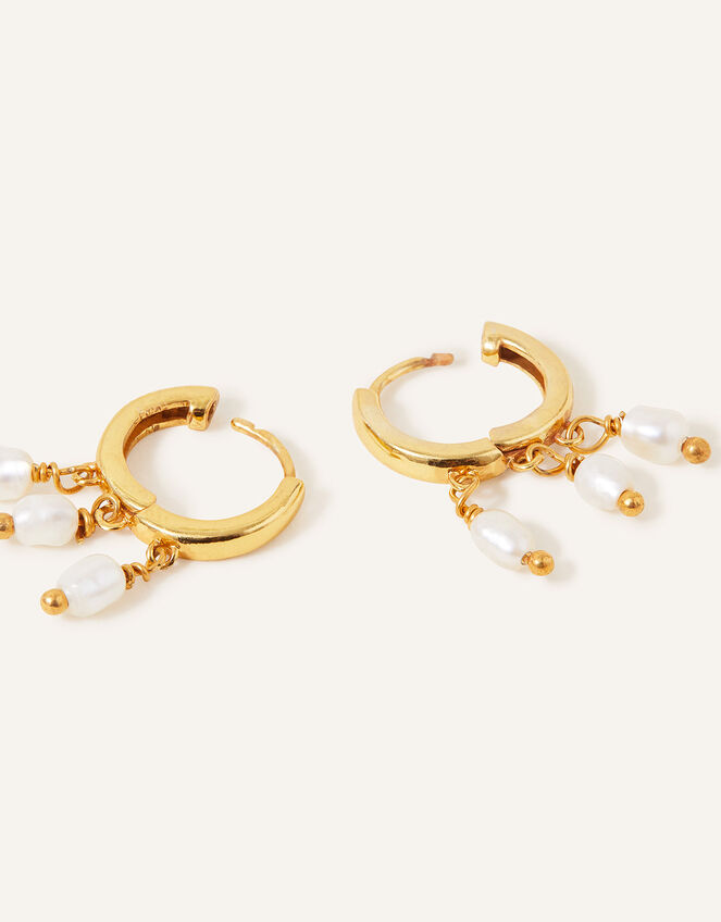 14ct Gold-Plated Pearl Huggie Hoops, , large