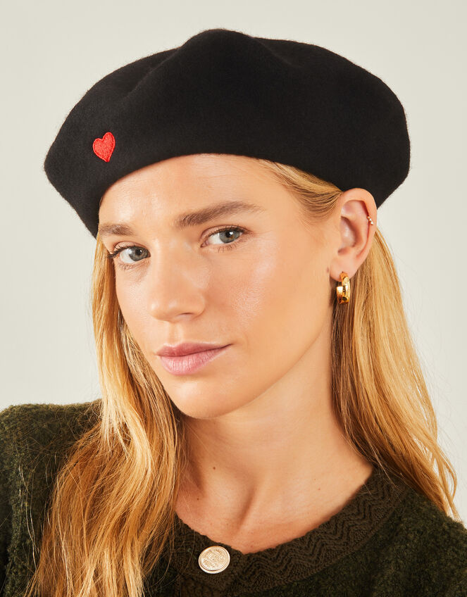 Heart Wool Beret, Black (BLACK), large