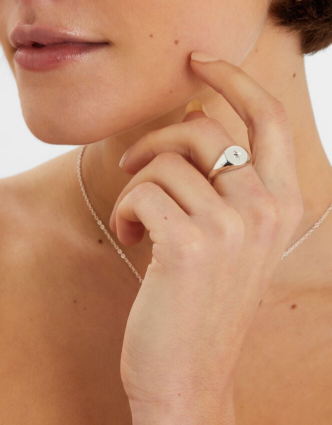 Sterling Silver-Plated Star Diamanté Signet Ring, Silver (ST SILVER), large