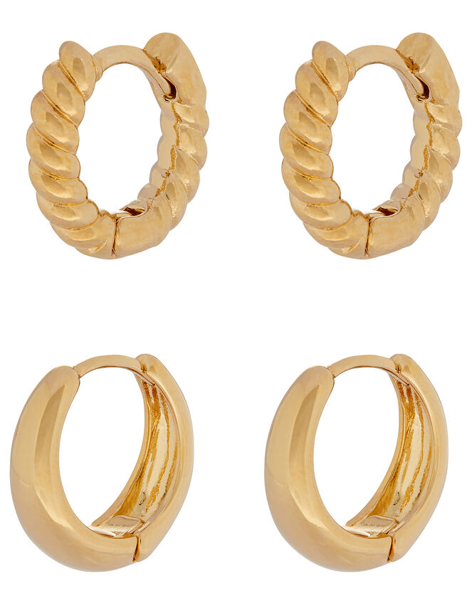 Gold-Plated Twist and Plain Huggie Hoop Set, , large