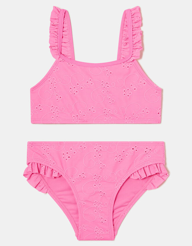 Girls Ruffle Broderie Bikini Set, Pink (PALE PINK), large