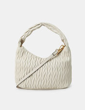 Ruched Faux Leather Handbag, Cream (CREAM), large