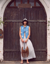 Floral Embroidered Denim Waistcoat, Blue (BLUE), large