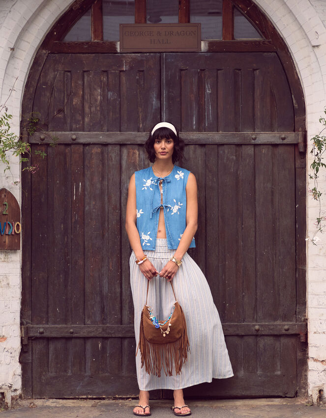 Floral Embroidered Denim Waistcoat, Blue (BLUE), large