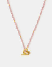 14ct Gold-Plated Healing Stone Bead T-Bar Necklace, Pink (ROSE PINK), large
