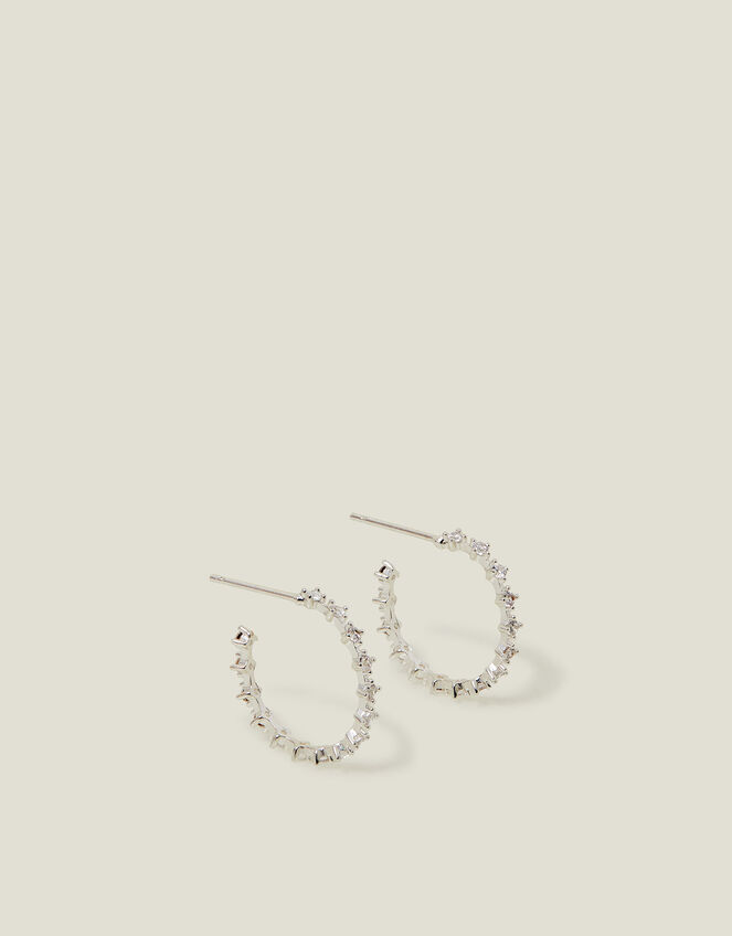 Sterling Silver-Plated Fine Diamanté Hoop Earrings, , large