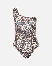 One-Shoulder Leopard Swimsuit , Brown (BROWN), large