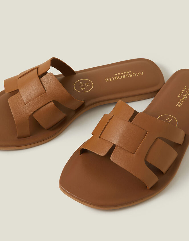 Wide Fit Leather Geometric Slide Sandals, Tan (TAN), large