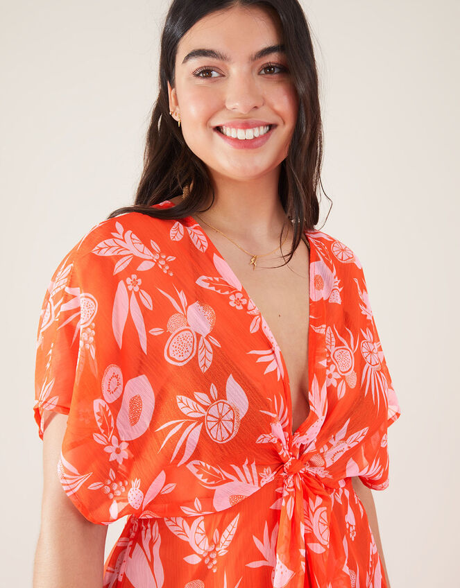 Fruity Floral Twist Detail Chiffon Kaftan, Orange (ORANGE), large