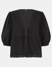Puff Sleeve Tie Front Blouse, Black (BLACK), large