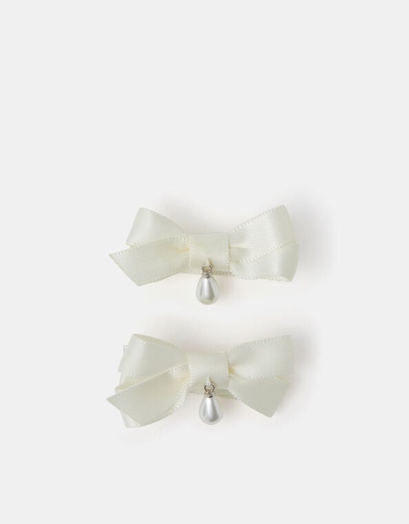 2-Pack Girls Mini Pearl Drop Ribbon Bow Hair Clips, , large