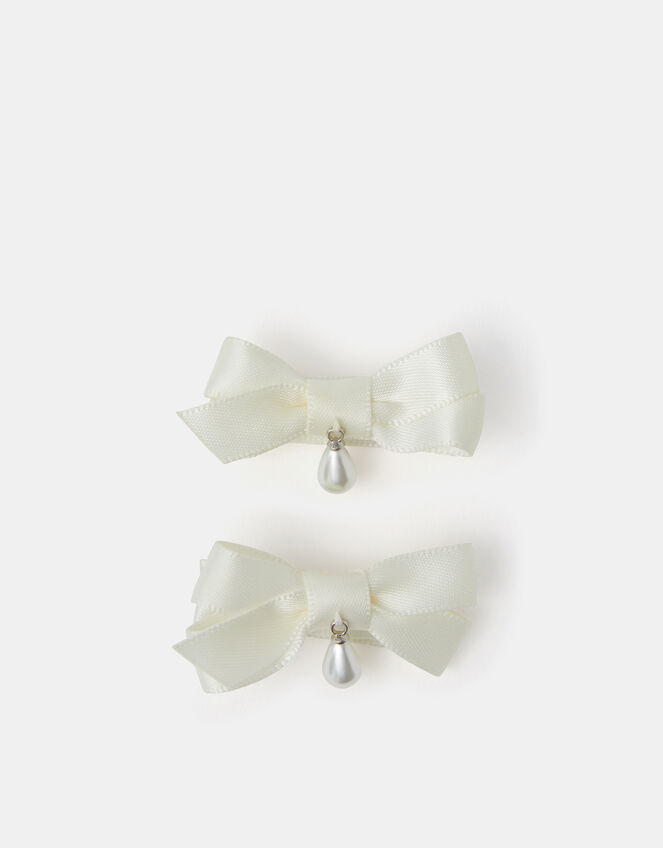 2-Pack Girls Mini Pearl Drop Ribbon Bow Hair Clips, , large