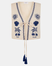 Tropical Tie-Front Embroidered Waistcoat, Natural (NATURAL), large