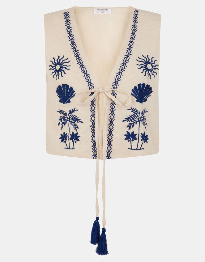 Tropical Tie-Front Embroidered Waistcoat, Natural (NATURAL), large
