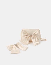 Girls Diamanté Bow Hair Clip & Bag Set, , large