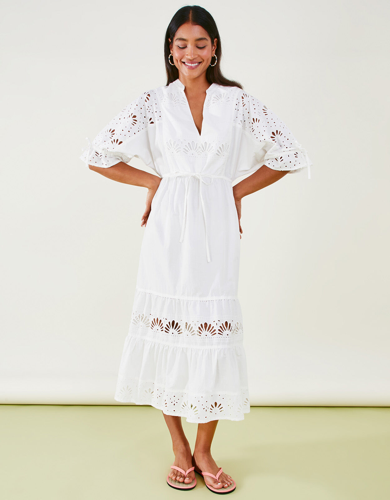 Mixed Shell Broderie Dress White
